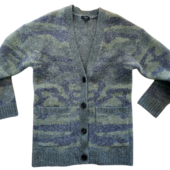 Rails Runi Green Gray Camouflage Button Cardigan Alpaca Wool Fuzzy Thick Knit XS - Picture 2 of 7